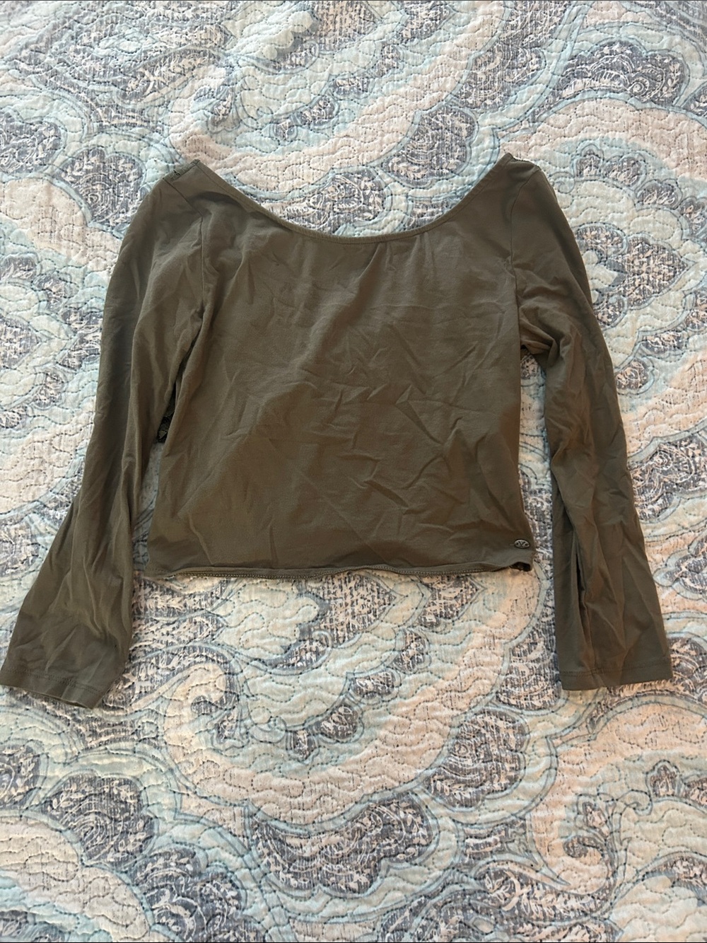 American Eagle Outfitters Olive Scoop-Neck Long Sleeve Crop Top